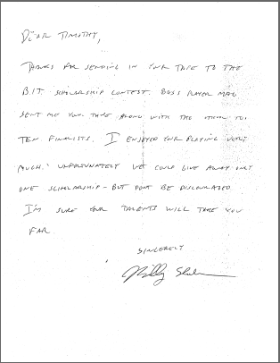 Billy Sheehan To Tim Mainka Letter