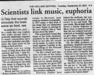 Music Sex Euphoria Science Links - Newspaper Article